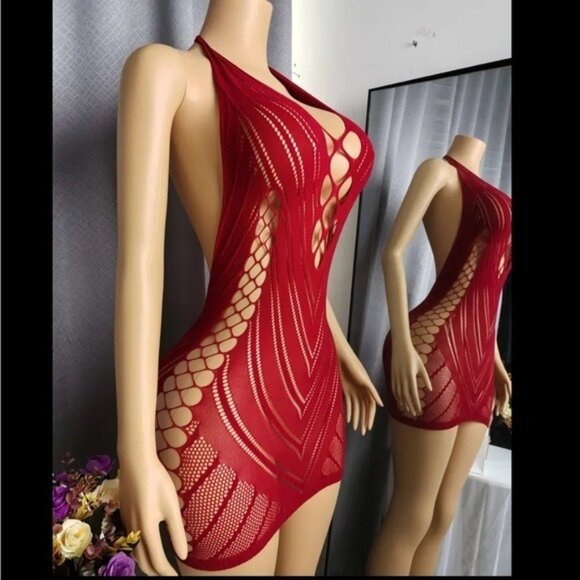 Crimson Red Fishnet Bodycon Dress - Picture 3 of 6